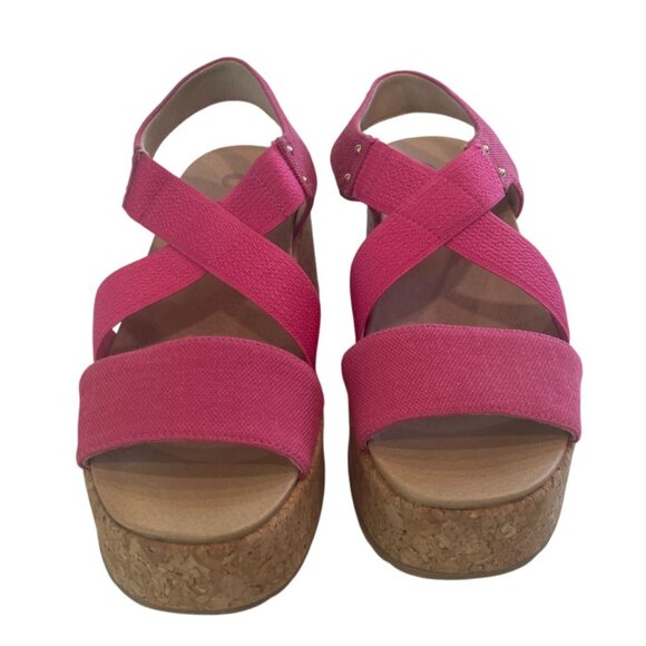 Dr. Scholls Pink Canvas Platform Cork Sandals Size 7M Stretch Beach - Picture 2 of 6